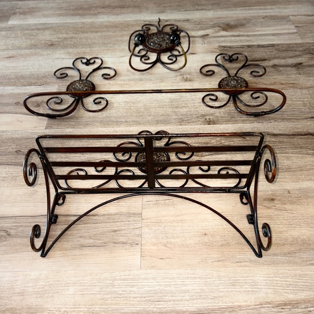 3pc Bronze Ornate Wrought Iron Bath Wall Decor Set Towel Bar Double Hook Shelf